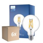 Multipack 6x Philips MASTER Value LED Globe E27 93mm Filament Clear 5.9W 806lm - 922-927 Extra Warm White | Best Colour Rendering - Dimmable - Replaces 60W